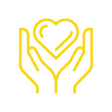 Yellow line drawing of two hands holding up a heart on a light gray background.