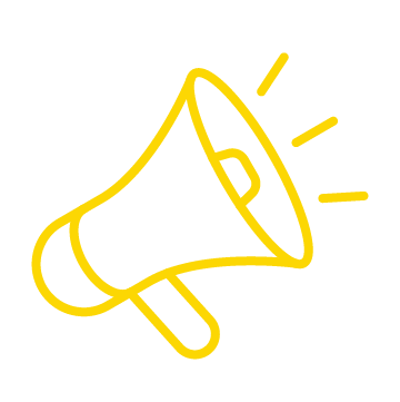 Yellow outline illustration of a megaphone with three lines indicating sound, on a light gray background.