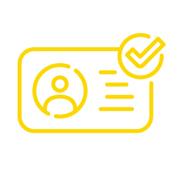 Yellow outline of an identification card with a user icon, three horizontal lines, and a check mark inside a circle, on a light background.