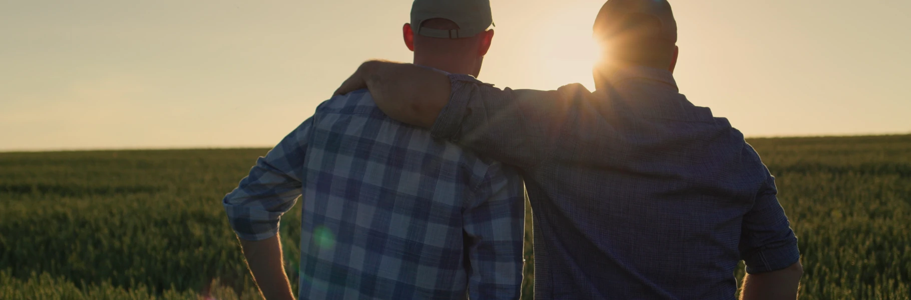Two people wearing caps and plaid shirts stand side by side in a field at sunset, one with an arm around the others shoulders, facing away from the camera.