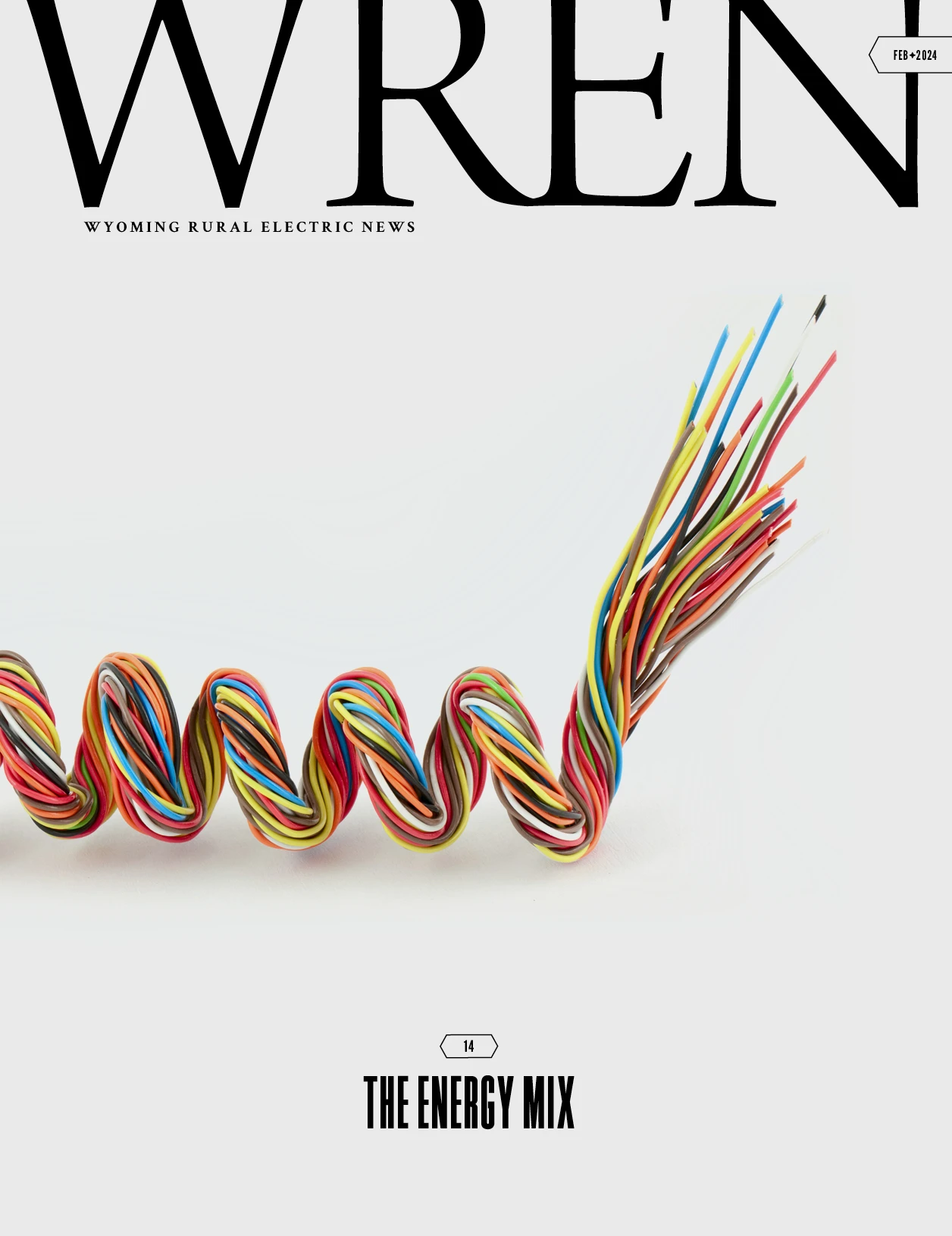 WREN 02-February 2024 Cover A bundle of multi-colored electrical wires twisted together, featured on the cover of Wyoming Rural Electric News magazine titled The Energy Mix.