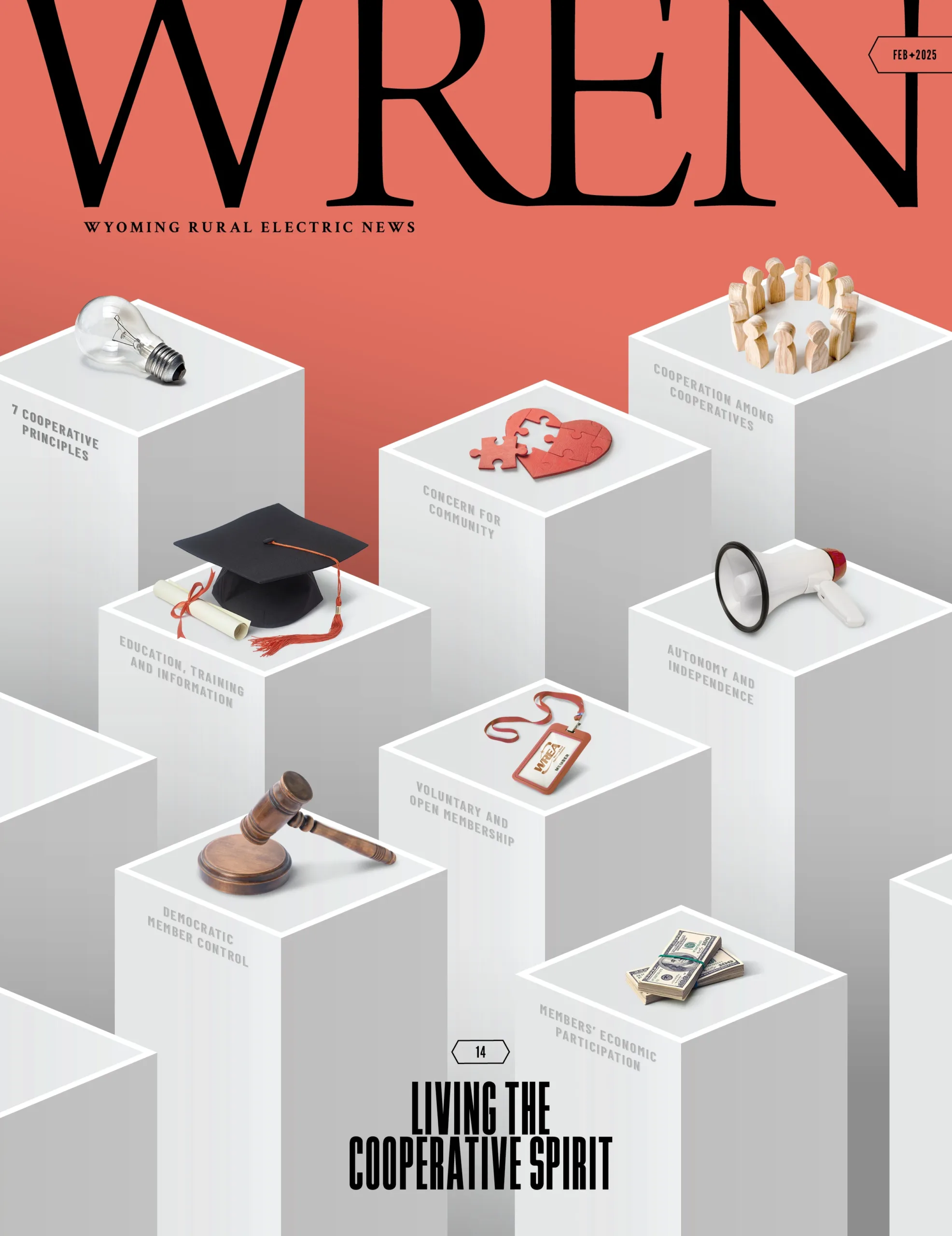 WREN 02-February 2025 Cover A magazine cover displays white columns with symbolic objects representing cooperative principles, such as a heart, key, puzzle piece, graduation cap, megaphone, gavel, and book.