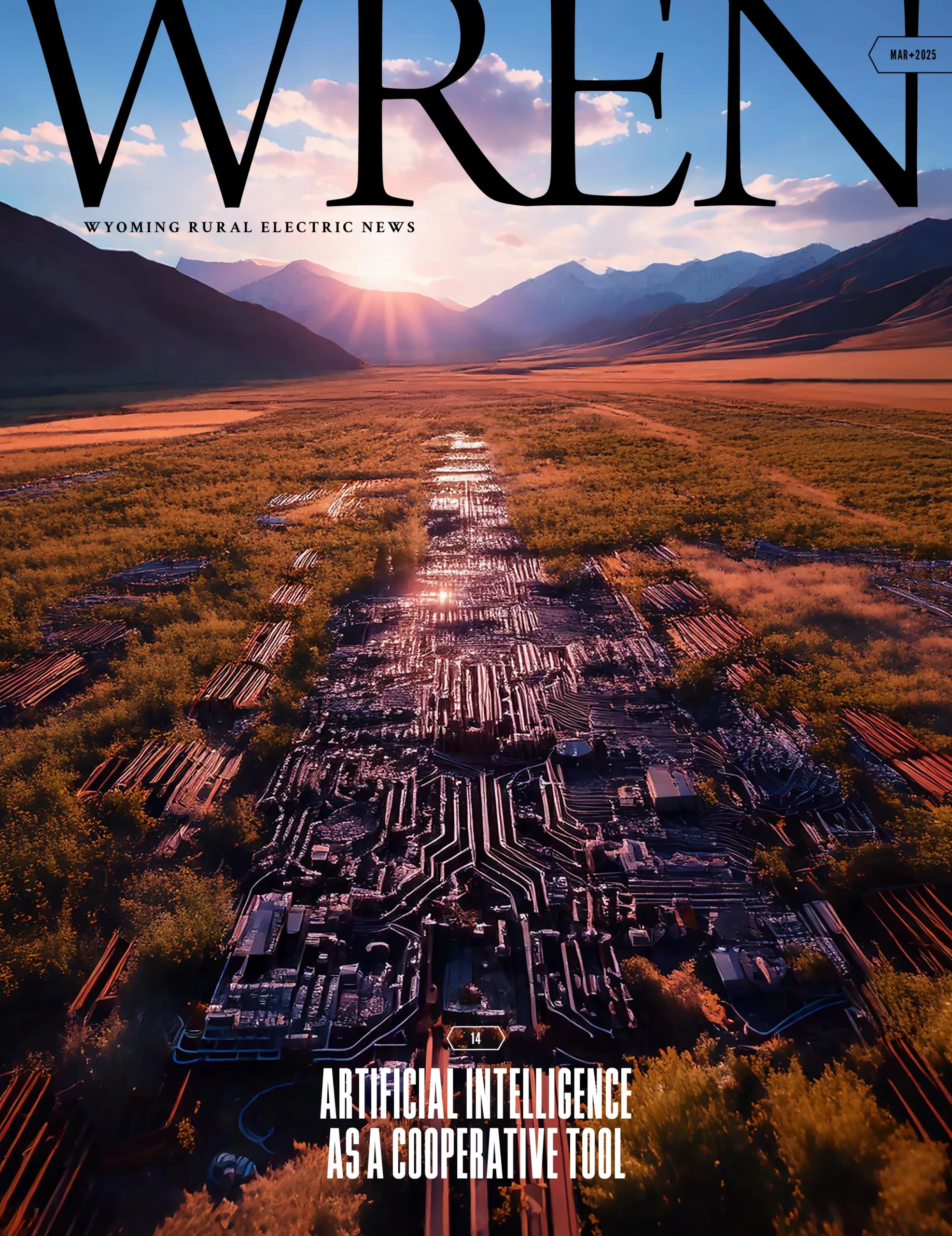 WREN 03-March 2025 Cover Aerial view of a circuit board blended into a rural landscape at sunset, symbolizing the integration of technology and nature, with magazine text overlay.