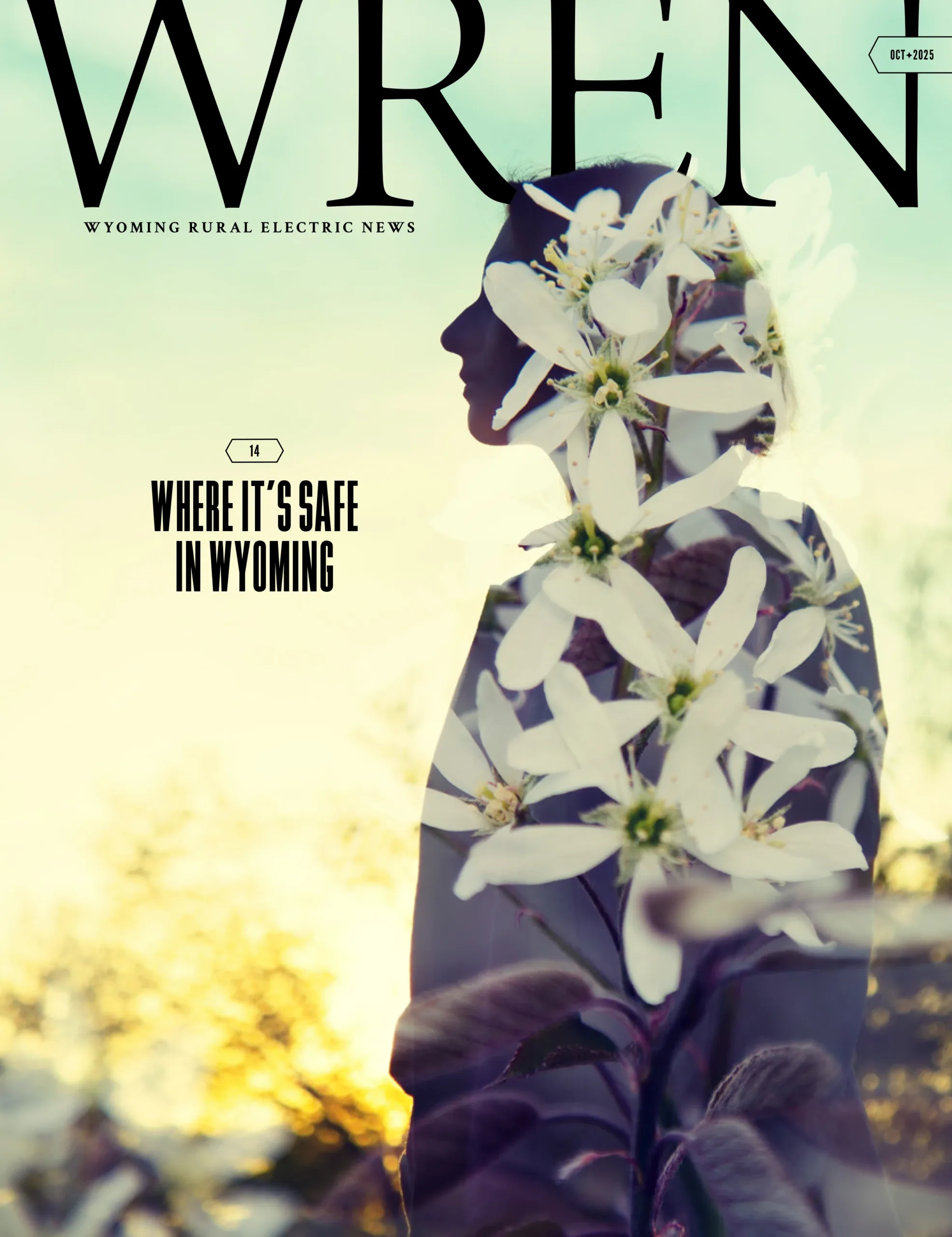 WREN 10-October 2025 Cover A silhouette of a woman is overlaid with blooming white flowers, set against a bright, sunlit background on the cover of Wyoming Rural Electric News.