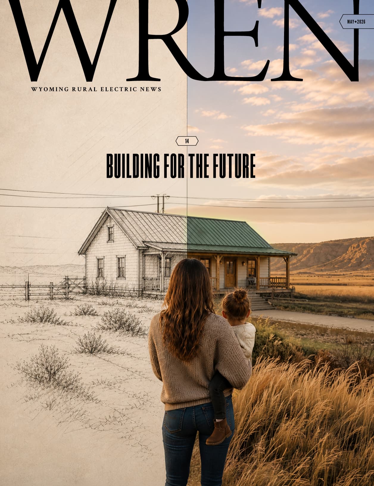 Cover of WREN magazine showing a woman holding a child as they look toward a rural house that transitions from a pencil sketch on the left to a full-color landscape on the right. Headline reads, “Building for the Future."